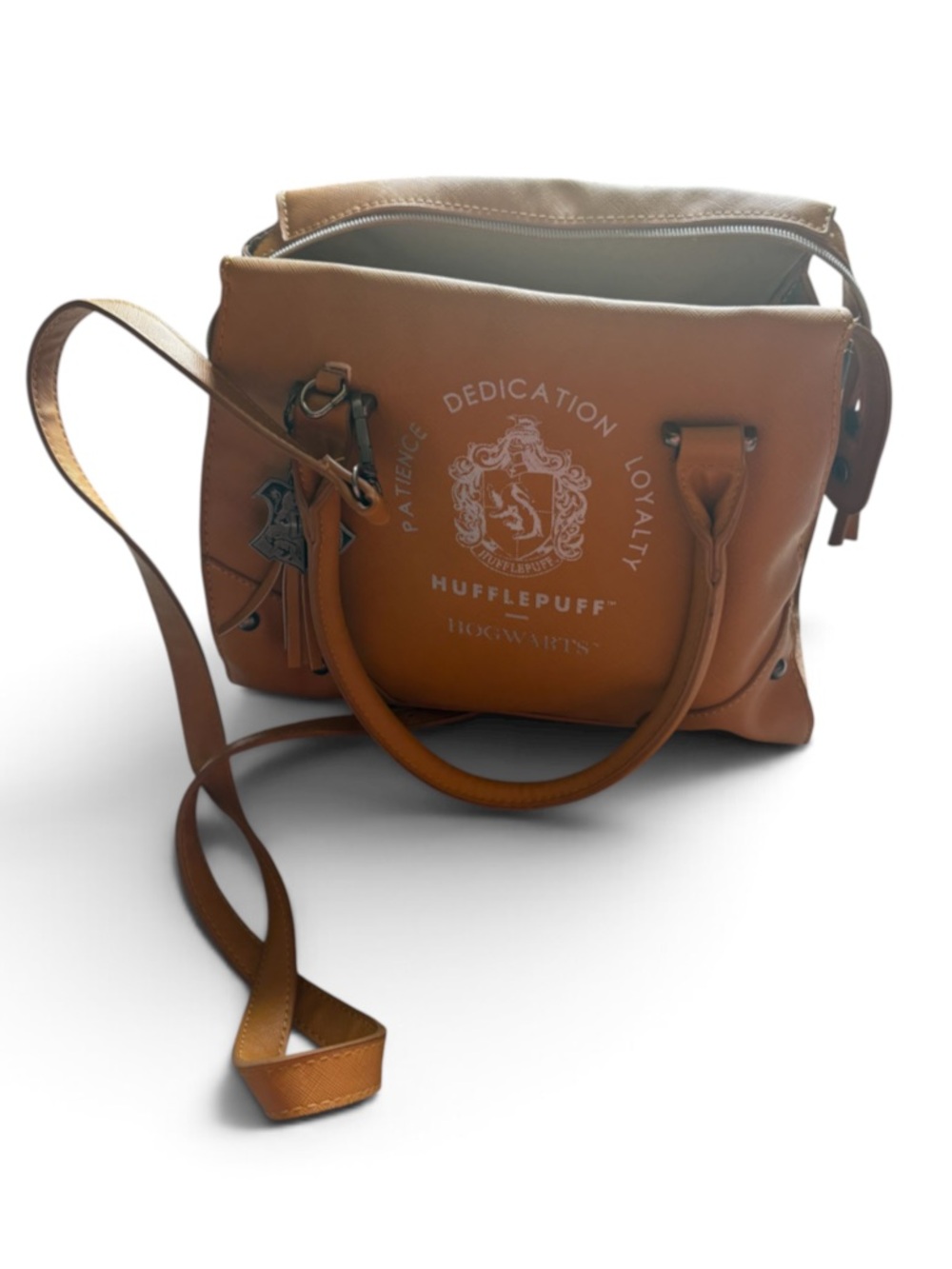 Bioworld Harry Potter Hufflepuff Tan Satchel with Crest Detail Purse Black